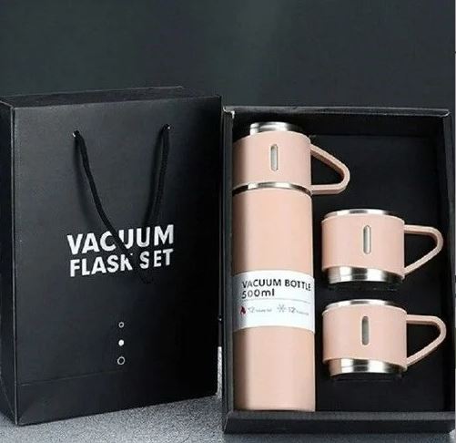 Paslanmaz Çelik 3 Bardaklı Termos Seti Vakumlu Pembe