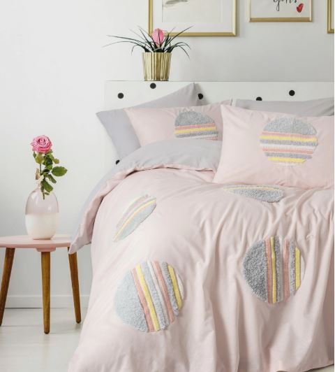 Cottonbox Puff Nakışlı Turf Ranforce Çift Kişilik Nevresim Takımı (Gri-Pembe)
