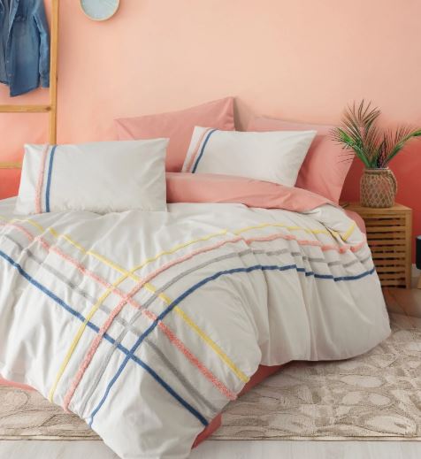 Cottonbox Puff Nakışlı Linea Ranforce Çift Kişilik Nevresim Takımı (Somon)