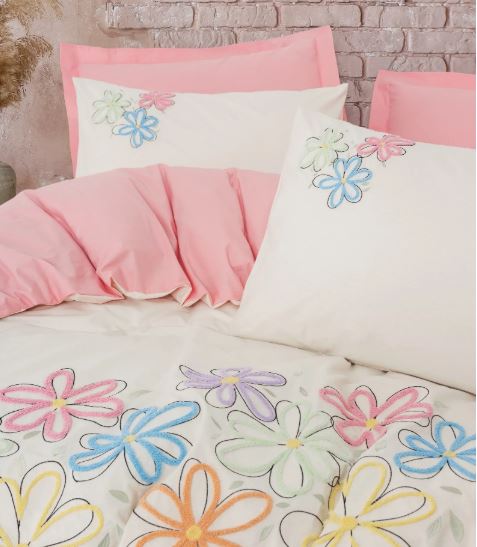 Cottonbox Puff Nakışlı Bellis Ranforce Çift Kişilik Nevresim Takımı (Pembe)