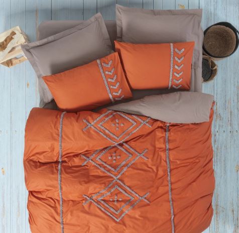 Cottonbox Puff Nakışlı Liya Ranforce Çift Kişilik Nevresim Takımı (Kiremit-Bej)