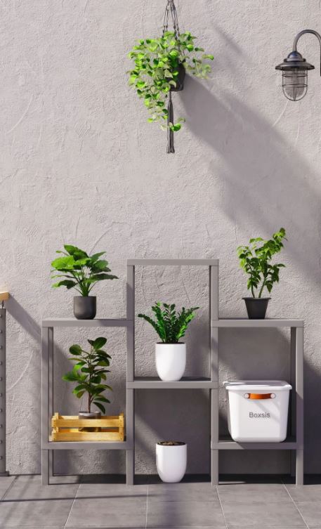 Ombeg 6 Katlı Gri Modüler Banyo Mutfak Balkon Teras Salon Rafı Düzenleyici Çiçeklik Raf Ünitesi