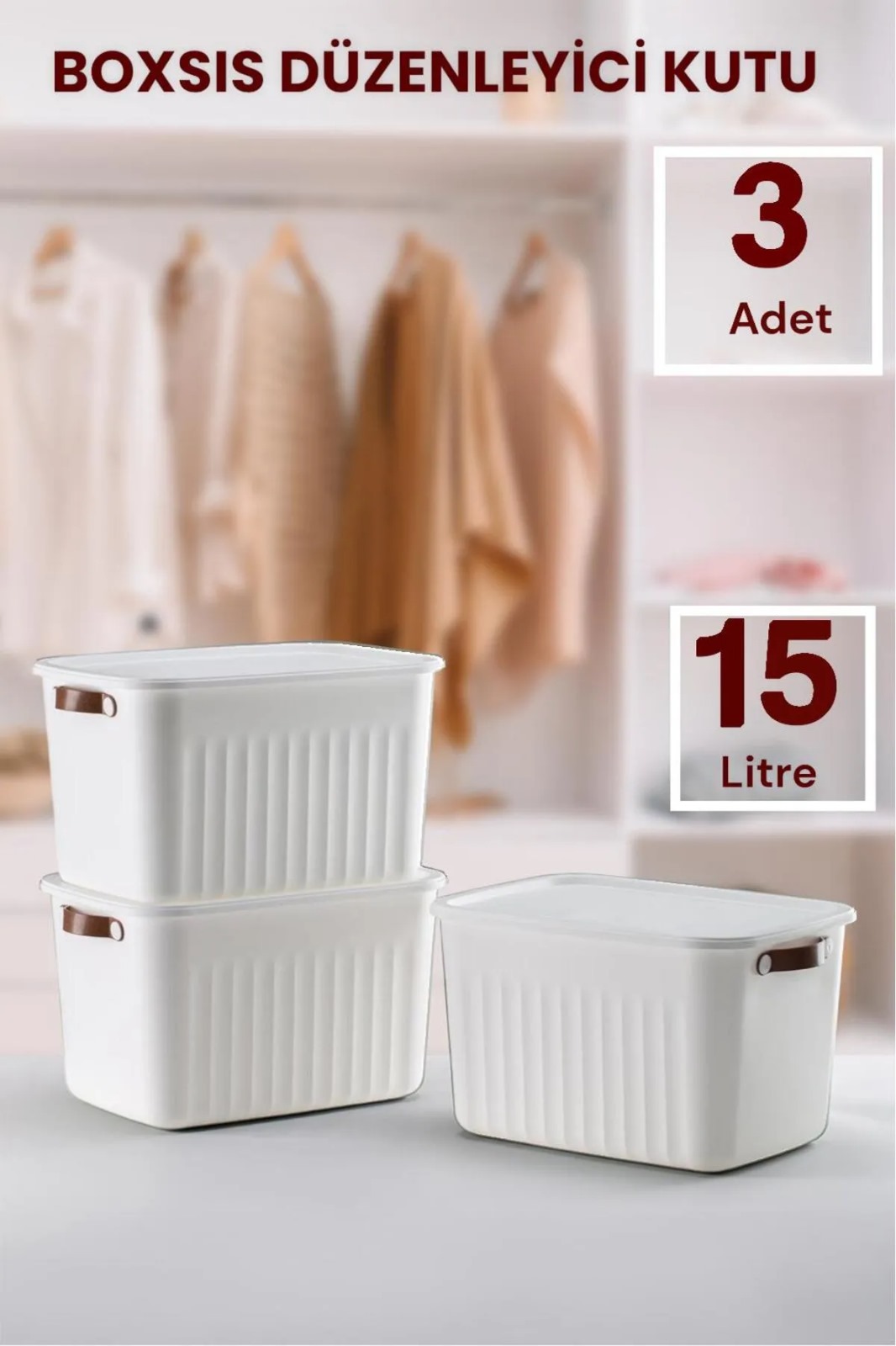 Boxsıs 3 Adet Beyaz 15 Lt  Düzenleyici Kapaklı Kutu Storage Dekoratif Dolap İçi Organizer